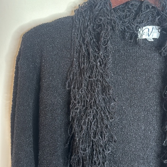 VARIATIONS Soft Black Stretchy Open Front Fringe Long Cardigan Sweater - Picture 7 of 13